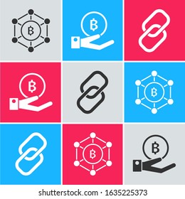 Set Blockchain technology Bitcoin, Hand holding Bitcoin and Chain link icon. Vector