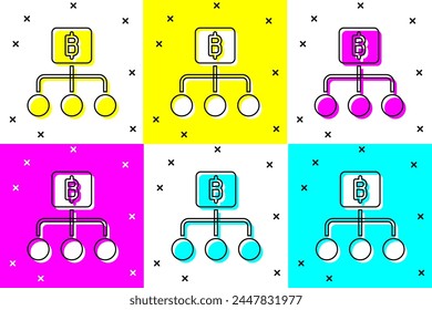 Set Blockchain technology Bitcoin icon isolated on color background. Abstract geometric block chain network technology business.  Vector