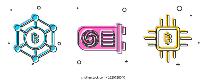Set Blockchain technology Bitcoin, Mining farm and CPU mining farm icon. Vector