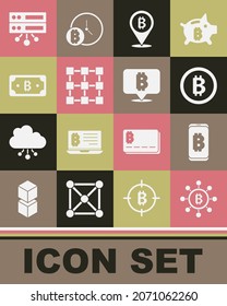 Set Blockchain technology Bitcoin, Mining bitcoin from mobile, Cryptocurrency, Server and  icon. Vector