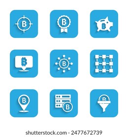 Set Blockchain technology Bitcoin, Server bitcoin, Sales funnel with, Piggy bank and the target icon. Vector