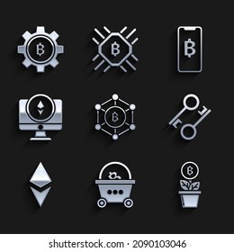 Set Blockchain technology Bitcoin, Shopping basket with bitcoin, plant the pot, Cryptocurrency key, Ethereum ETH, Monitor and, Phone mobile cryptocurrency and  icon. Vector