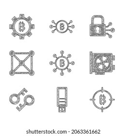 Set Blockchain technology Bitcoin, USB flash drive, the target, Video graphic card, Cryptocurrency key, Lock with bitcoin and  icon. Vector