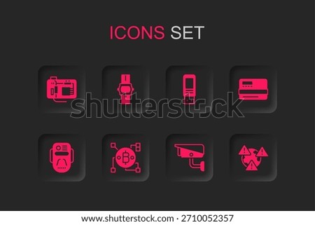 Set Blockchain technology Bitcoin, Wrist watch, Motherboard, Security camera, Credit card, Earth with exclamation mark, USB flash drive and Artificial intelligence robot icon. Vector