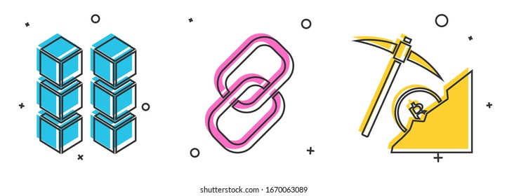 Set Blockchain technology, Chain link and Cryptocurrency cloud mining icon. Vector