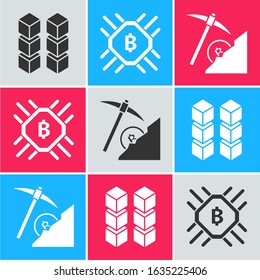Set Blockchain technology, CPU mining farm and Cryptocurrency cloud mining icon. Vector