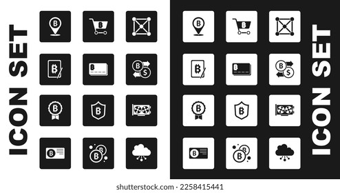 Establezca la tecnología Blockchain, tarjeta de crédito con bitcoin, minería de tablet, bitcoin, intercambio de criptodivisa, carrito de compras, vídeo gráfico e icono. Vector