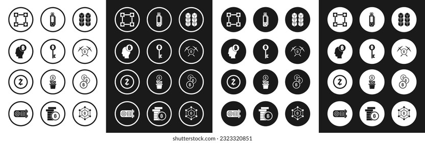 Set Blockchain technology, Cryptocurrency Bitcoin key, think, Crossed pickaxe, USB flash drive,  and Zcash ZEC icon. Vector