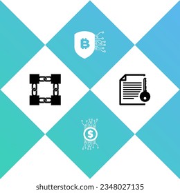 Set Blockchain technology, Cryptocurrency bitcoin circuit, Shield with and Smart contract icon. Vector