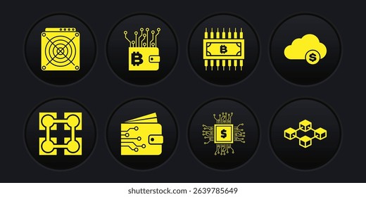 Set Blockchain technology, Cryptocurrency cloud mining, wallet, Processor chip with dollar, bitcoin circuit and  icon. Vector