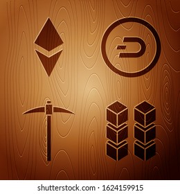 Set Blockchain technology, Cryptocurrency coin Ethereum ETH, Pickaxe and Cryptocurrency coin Dash on wooden background. Vector
