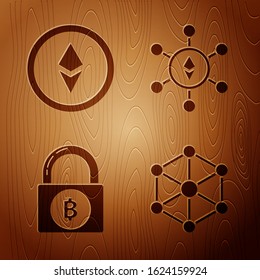 Set Blockchain technology, Cryptocurrency coin Ethereum ETH, Lock with bitcoin and Blockchain technology Ethereum ETH on wooden background. Vector