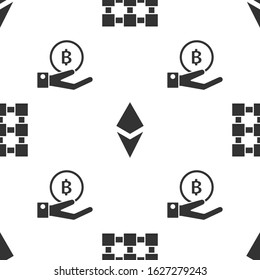 Set Blockchain technology, Cryptocurrency coin Ethereum ETH and Hand holding Bitcoin on seamless pattern. Vector