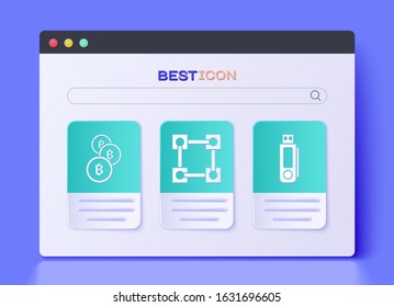 Set Blockchain technology, Cryptocurrency coin Bitcoin and USB flash drive icon. Vector