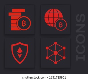 Set Blockchain technology, Cryptocurrency coin Bitcoin, Globe and cryptocurrency coin Bitcoin and Shield Ethereum ETH icon. Vector