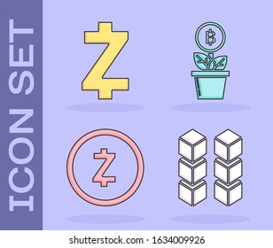 Set Blockchain technology, Cryptocurrency coin Zcash ZEC, Cryptocurrency coin Zcash ZEC and Bitcoin plant in the pot icon. Vector