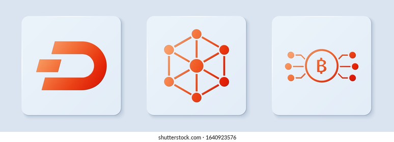 Set Blockchain technology, Cryptocurrency coin Dash and Cryptocurrency bitcoin in circle with microchip circuit. White square button. Vector