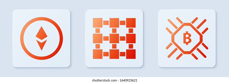 Set Blockchain technology, Cryptocurrency coin Ethereum ETH and CPU mining farm. White square button. Vector