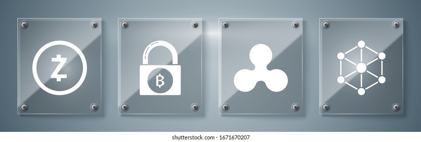 Ajuste la tecnología de cadena de bloqueo, la moneda de criptodivisa ripple XRP, el bloqueo con bitcoin y la moneda de criptografía Zcash ZEC. Paneles de vidrio cuadrado. Vector