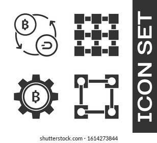Set Blockchain technology, Cryptocurrency exchange, Cryptocurrency coin Bitcoin and Blockchain technology icon. Vector