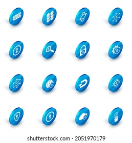 Set Blockchain technology, Cryptocurrency key, Ethereum ETH, coin Zcash ZEC, Bitcoin, Magnifying glass with,  and Lock bitcoin icon. Vector