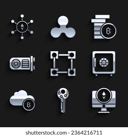 Set Blockchain technology, Cryptocurrency key, Monitor and coin Ethereum ETH, Safe, cloud mining, Mining farm, Bitcoin and  icon. Vector