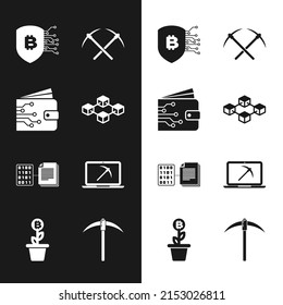 Set Blockchain technology, Cryptocurrency wallet, Shield with bitcoin, Crossed pickaxe, Smart contract and Mining laptop and icon. Vector