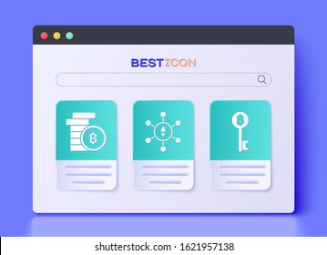Set Blockchain technology Ethereum ETH, Cryptocurrency coin Bitcoin and Cryptocurrency Bitcoin key icon. Vector