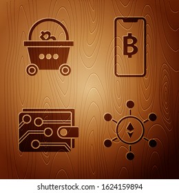Set Blockchain technology Ethereum ETH, Shopping basket with bitcoin, Cryptocurrency wallet and Phone mobile and cryptocurrency coin Bitcoin on wooden background. Vector