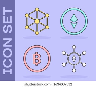 Set Blockchain technology Ethereum ETH, Blockchain technology, Cryptocurrency coin Bitcoin and Cryptocurrency coin Ethereum ETH icon. Vector