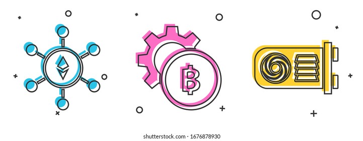 Ajuste la tecnología de cadena de bloqueo Ethereum ETH, la moneda de criptografía Bitcoin y el icono de la granja de minería. Vector