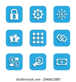 Establezca la tecnología Blockchain, Hand holding Bitcoin, Cryptocurrency bitcoin, Chain link, exchange, Piggy bank y Lock with icon con un icono. Vector