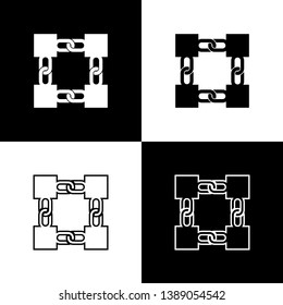 Set Blockchain technology icons on black and white background. Cryptocurrency data sign. Abstract geometric block chain network technology business. Line, outline and linear icon. Vector Illustration