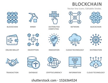 Set of blockchain technology icons, such as mining, cryptography, bitcoin. Editable Stroke