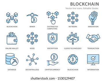 Set of blockchain technology icons, such as cryptocurrency, mining, bitcoin. Editable Stroke.