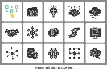 Set of blockchain technology icons, such as cryptocurrency, mining, bitcoin. Black vector illustrations isolated on white.
