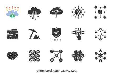 Set of blockchain technology icons, such as cryptocurrency, mining, bitcoin. Black vector illustrations isolated on white.