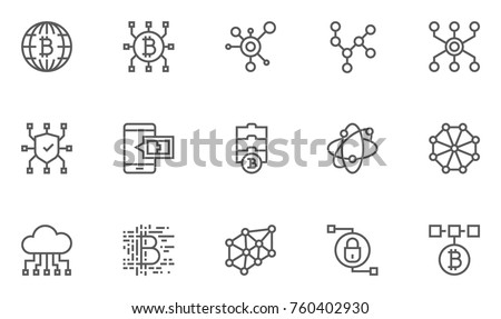 Set of Blockchain Technology Line Icons with Digital Currency, E-wallet, Electronic Purse, International Transactions and more. Editable Stroke. 48x48 Pixel Perfect.
