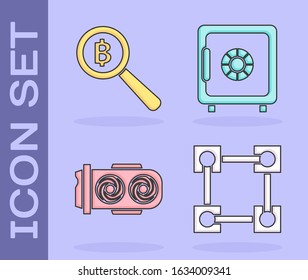 Set Blockchain technology, Magnifying glass with Bitcoin, Mining farm and Safe icon. Vector