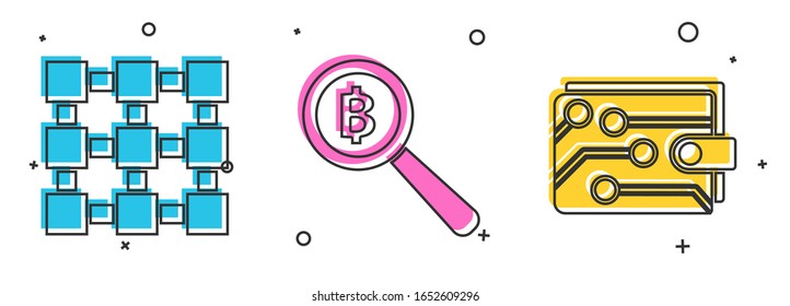 Set Blockchain Technologie, Magnifying Glas mit Bitcoin und Cryptowährung Geldbörse Symbol. Vektorillustration