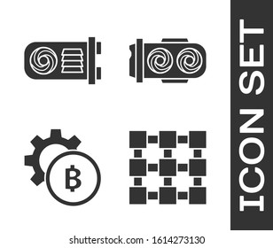 Set Blockchain technology, Mining farm, Cryptocurrency coin Bitcoin and Mining farm icon. Vector