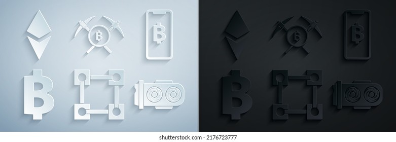 Establezca la tecnología Blockchain, el teléfono móvil y la moneda de criptografía Bitcoin, la criptodivisa, la granja de minería, el pickaxe cruzado y el icono ETH etéreo. Vector