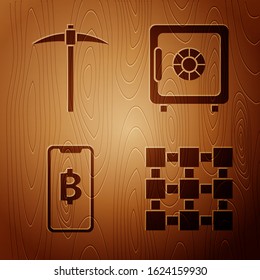 Set Blockchain technology, Pickaxe, Phone mobile and cryptocurrency coin Bitcoin and Safe on wooden background. Vector