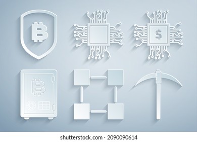 Set Blockchain technology, Processor chip with dollar, Proof of stake, Pickaxe,  and Shield bitcoin icon. Vector