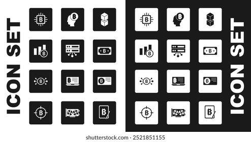 Set Blockchain technology, Server, Pie chart infographic bitcoin, CPU mining farm, Cryptocurrency, Bitcoin think, Credit card with and circuit icon. Vector