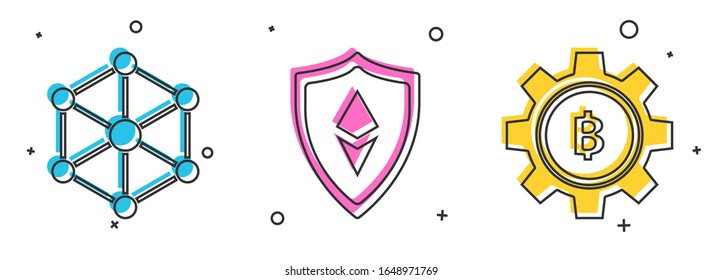 Set Blockchain technology, Shield Ethereum ETH and Cryptocurrency coin Bitcoin icon. Vector
