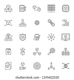 set of blockchain technology system icons with simple thin line concept and editable stroke