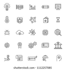 set of blockchain tecnology icons, with black thin line style, use for business web icon, analyst, bitcoin, business, cryption, digital business, marketing, e money. 