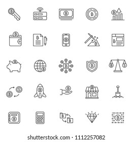 set of blockchain tecnology icons, with simple thin line style, use for business web icon, analyst, bitcoin, business, cryptocurrency, digital business, marketing, e money. 