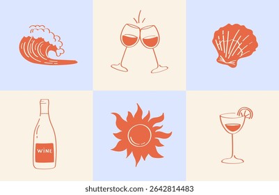 Set of blocks with seafood, wine glasses, wine bottle, sun, wave, cocktail retro beach holiday theme